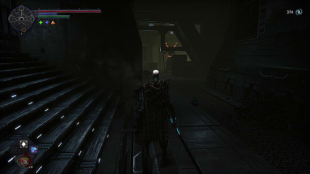 The spawn stands at the base of metal stairs in a dark alleyway, staring down a large pole-wielding Daemon.