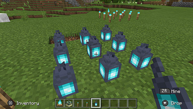Nine Soul Lanterns on the ground in Minecraft.