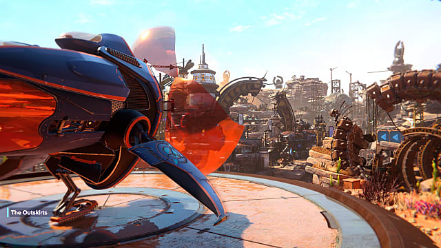 A black and orange spaceship on a landing platform overlooking the outskirts town.
