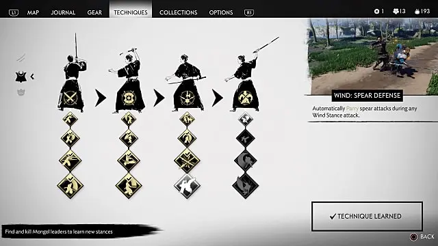 Stance menu showing wind: spear defense.