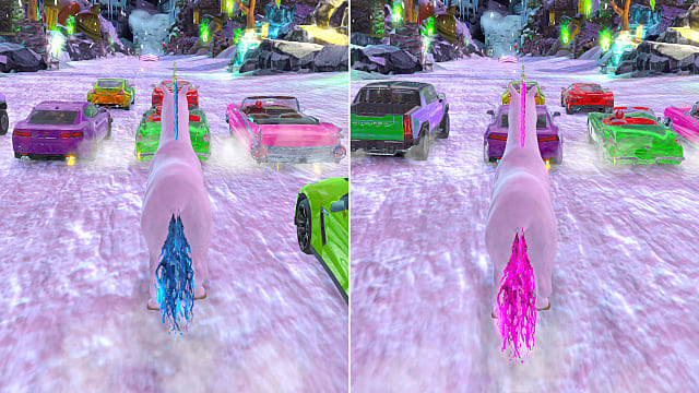 Two white unicorns, one with a blue tail and another pink, race against cars in split screen.