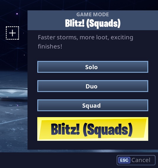 Screen showing selecting Blitz! (Squads) mode in Fortnite