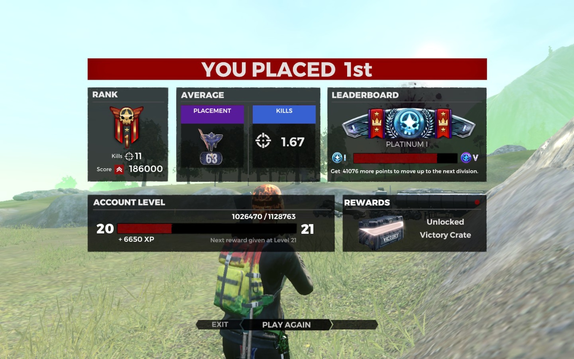 H1Z1 post-match screen showing rewards earned for first place