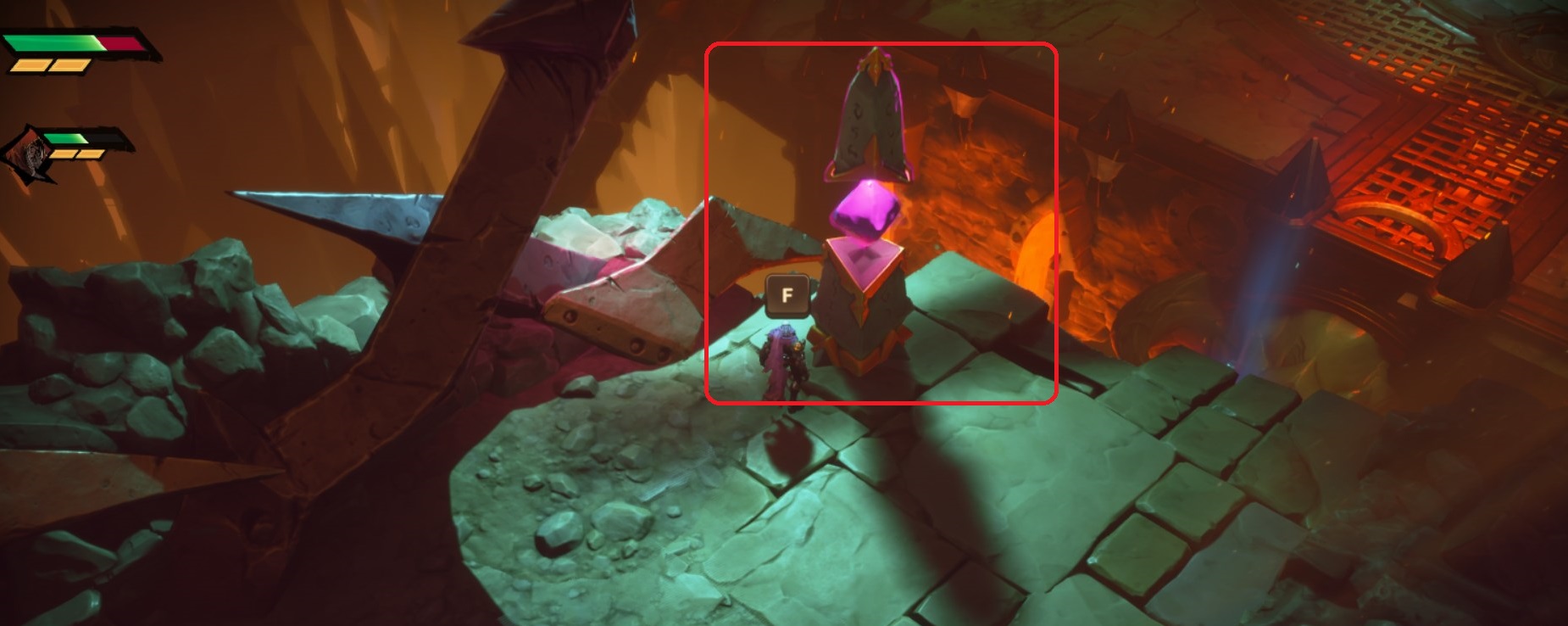 A purple co-op multiplayer stone in Darksiders: Genesis. 