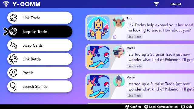 Surprise Trade option in the Pokemon Sword and Shield menu. 