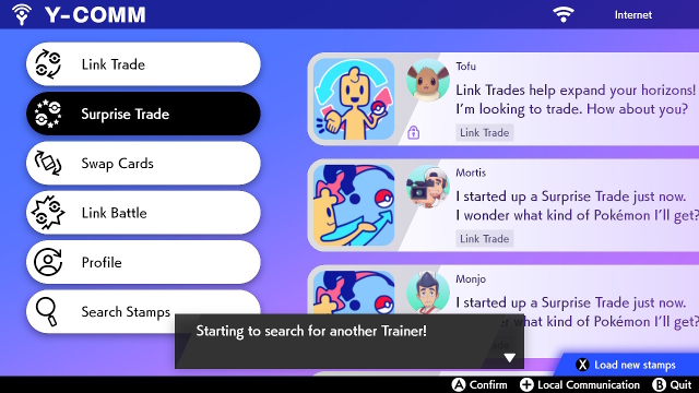 The Pokemon Sword and Shield menu showing the "search for another trainer" notification. 
