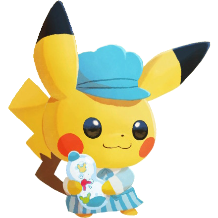 Sweets Pikachu wearing a blue hat and holding sweets.