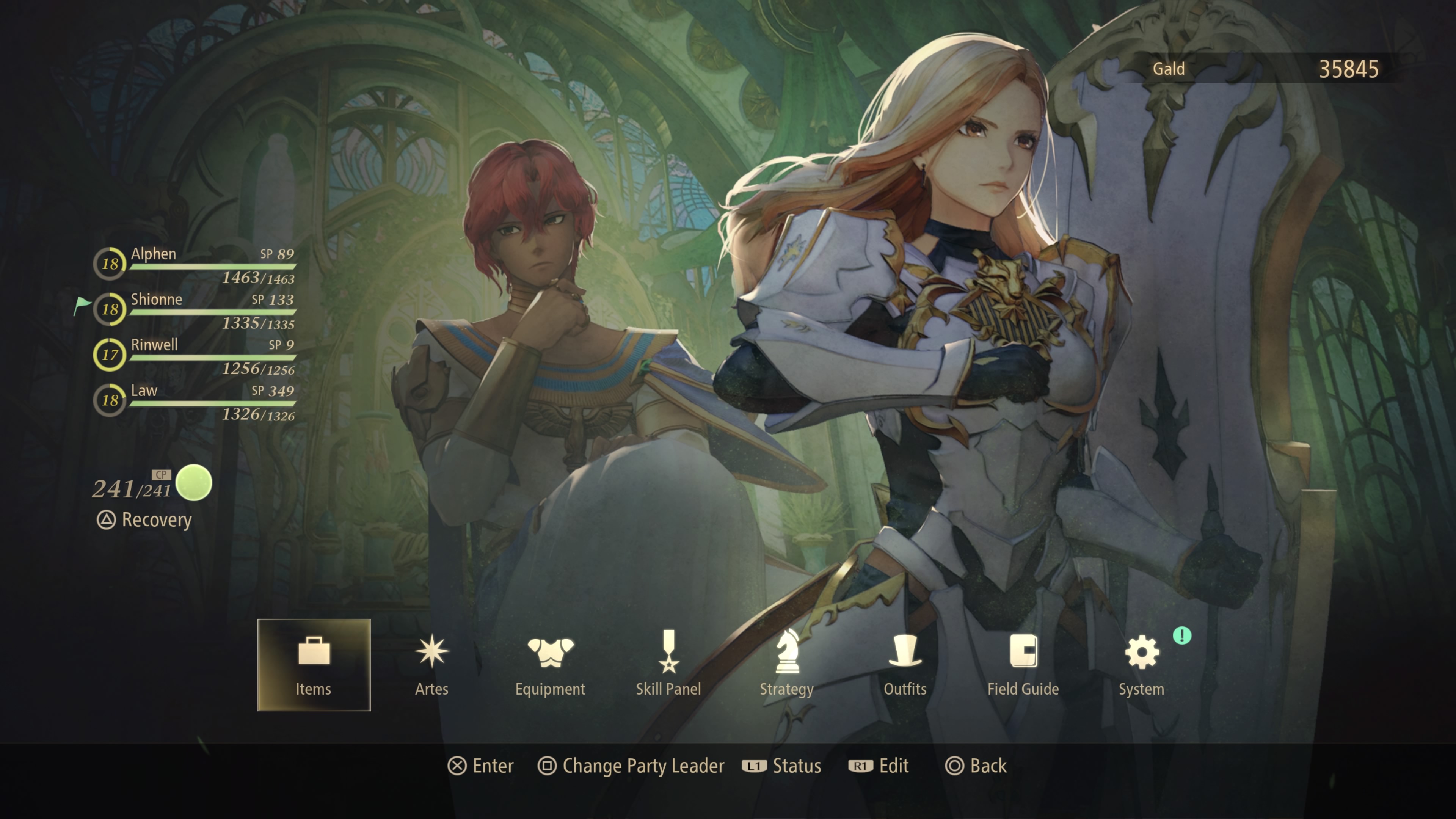 The menu for switching characters in Tales of Arise, showing Alphe, Shionne, Rinwell, and Law.