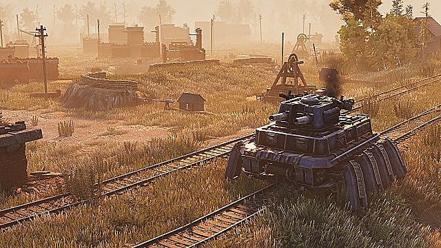 A tank mech with eight legs guards a depot scattered with powerlines and industrial machinery. 