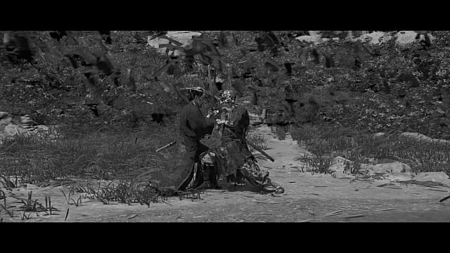 Jin fighting the Tengu Demon on a beach in Kurosawa black and white mode.