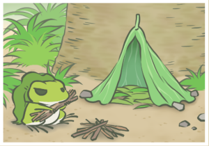 Frog holding stick, pitching tent