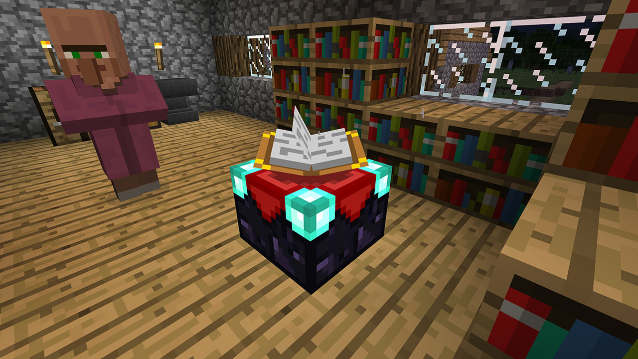 Minecraft Bedrock Edition in a house with a villager in front of an enchanting table surrounded by bookcases