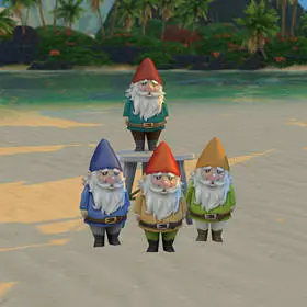 Three regular garden gnomes standing in front a fourth on a stool.