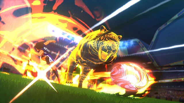 A yellow tiger emerges from an explosion next to a striker on the soccer field.