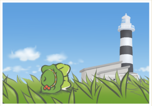 Frog in grass looking at lighthouse