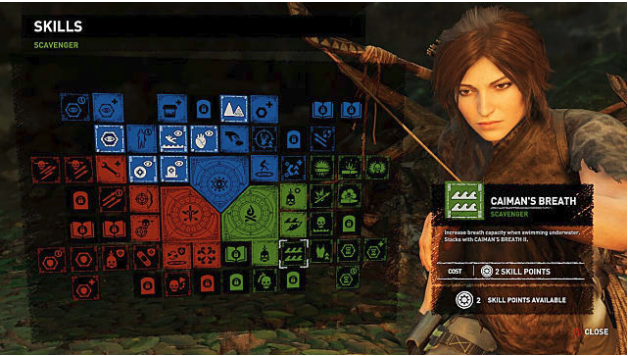 Shadow of the Tomb Raider Skill Tree Showing Caiman's Breath, Lara to Right