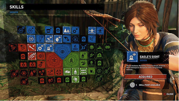 Skill tree showing Eagle's Sight; Lara to right with bow