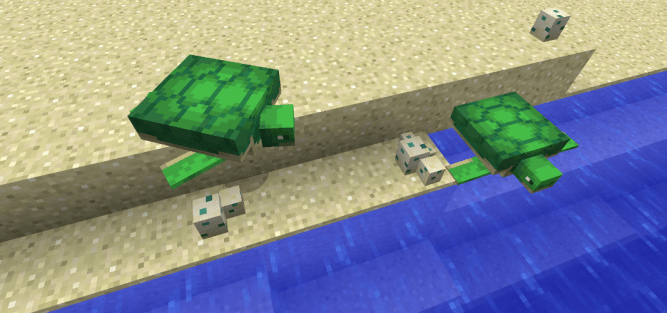Turtles laying eggs on a beach near the water in Minecraft.