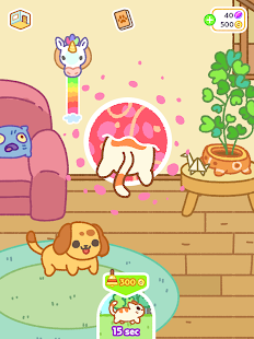 A cat jumps through a portal in a house wall in Kleptocats 2 while a dog stands in the forground