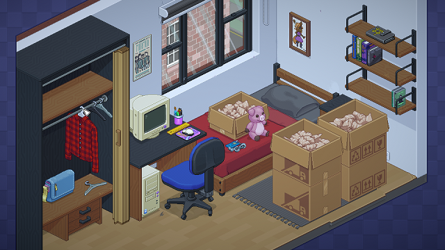 A small bedroom with moving boxes, a computer, and a pink pig on a bed.