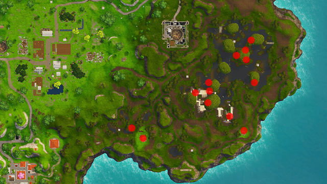 Fortnite map showing all chest locations in Moisty Mire