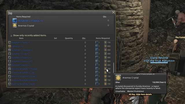 Purchase screen for the anemos crystal in FFXIV