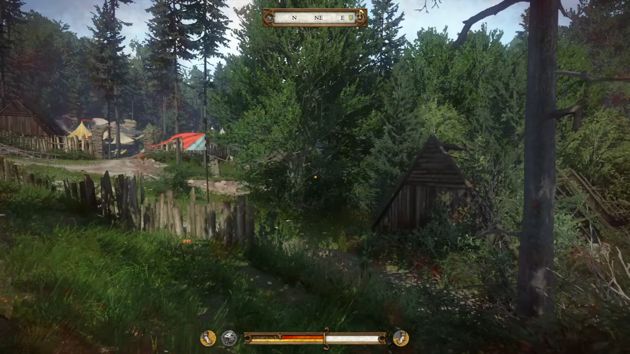 Player sits outside the bandit camp looking through the trees at a red tent