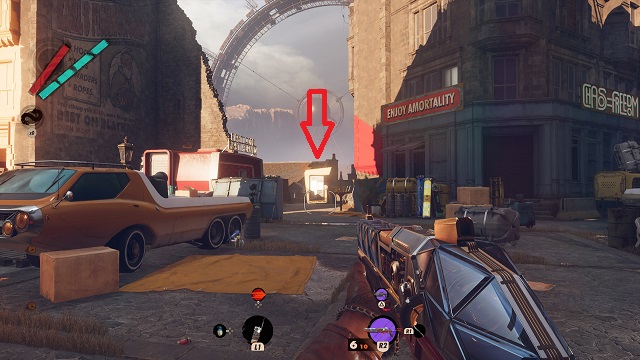 The player character holding a shotgun in Updaam Square with a retro-futurist car, stone buildings, and crates.