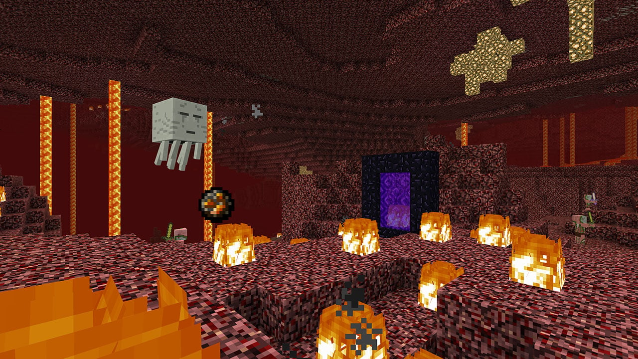 Minecraft Bedrock Edition in the Nether surrounded by fire and getting attacked by ghasts with a portal in sight