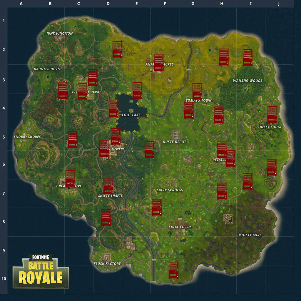 A large map showing all the current vending machine locations in Fortnite