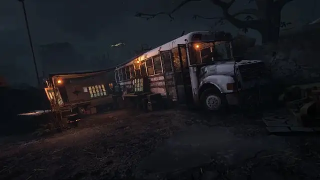 The bus camp and a crafting station shown in The Walking Dead: Saints & Sinners