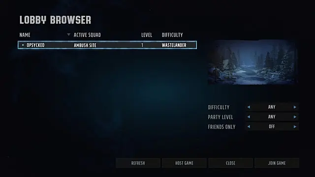 The co op lobby menu, showing player names, squad names, level, difficulty, and party level.