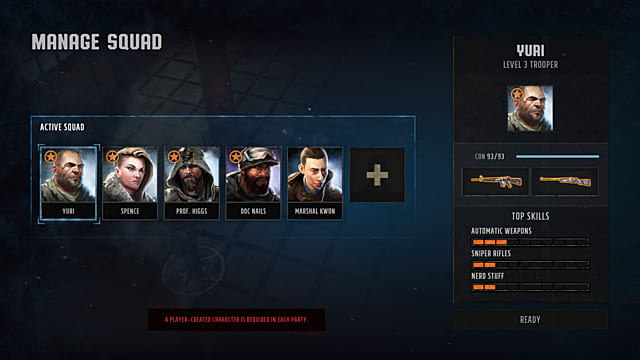 The Wasteland 3 Squad menu, showing five character avatars and their skills.