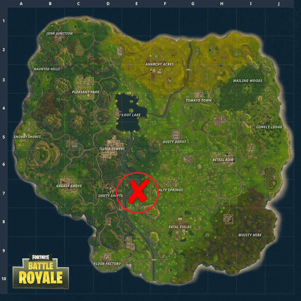 Where to find the Search Between a Metal Bridge battle star in Fortnite Battle Royale as marked by a big, red X