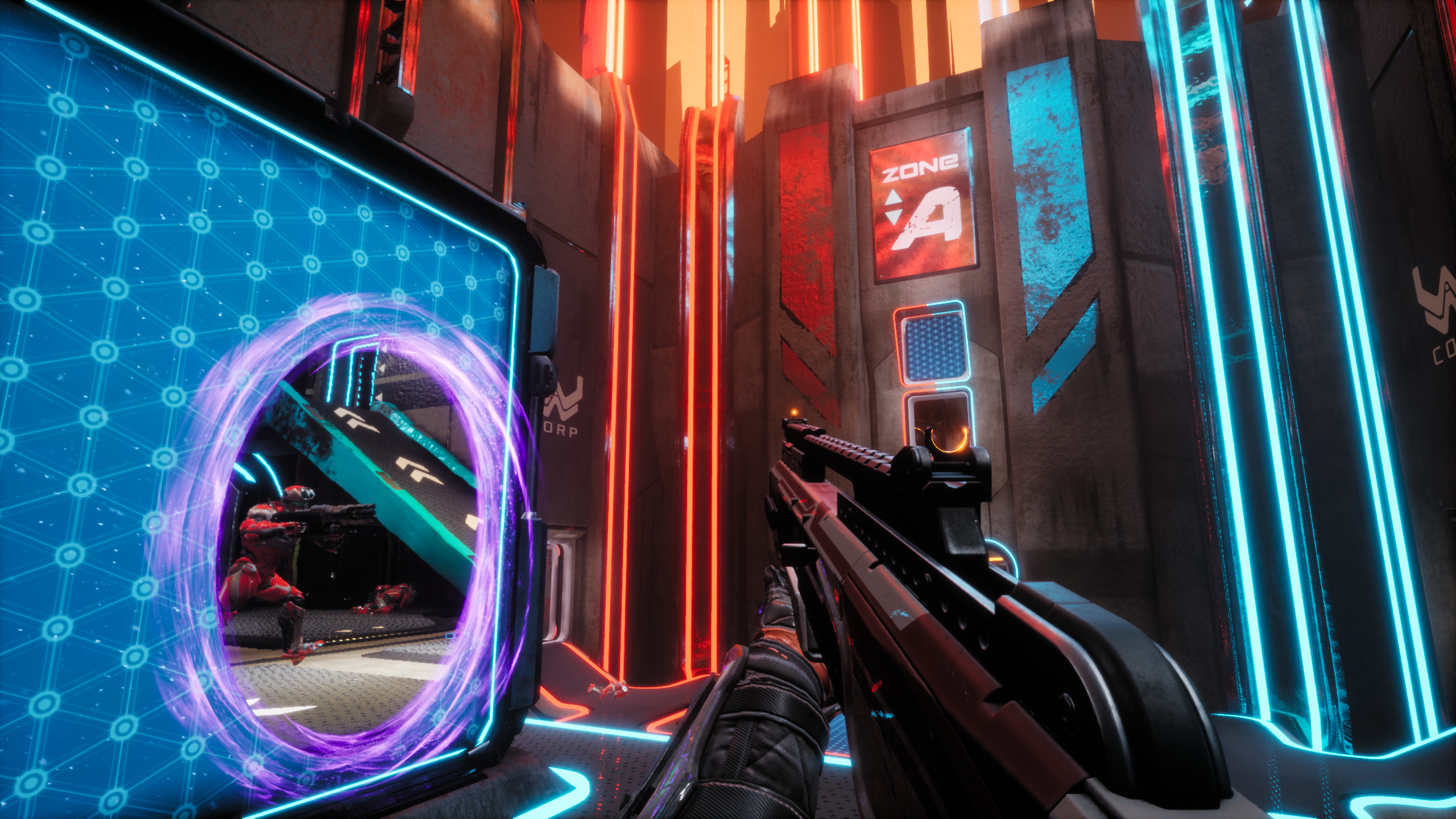 A player holding an assault rifle faces a purple portal.