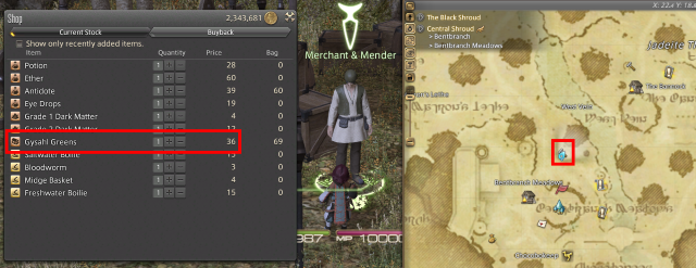 Composite screenshot showing Gysahl Greens in a merchant menu and a map showing the merchant location.