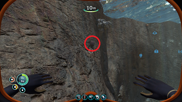A shale outcrop, which could have a diamond, on the edge of the Mountain Island in Subnautica.