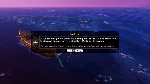 A wooden boat floats in the open ocean against a purple horizon with a menu detailing a raw fish item in Windbound.