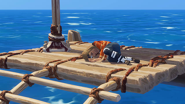 A curled up blonde haired woman wearing an orange shirt and blue pants sleeps on a raft in the open ocean.