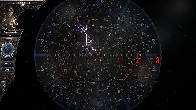 The Gate of Fates has three concentric rings with multiple skill paths. 