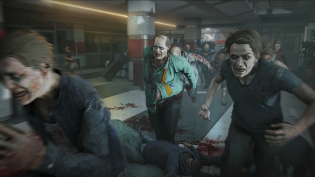 Zombies running through a ruined mall.