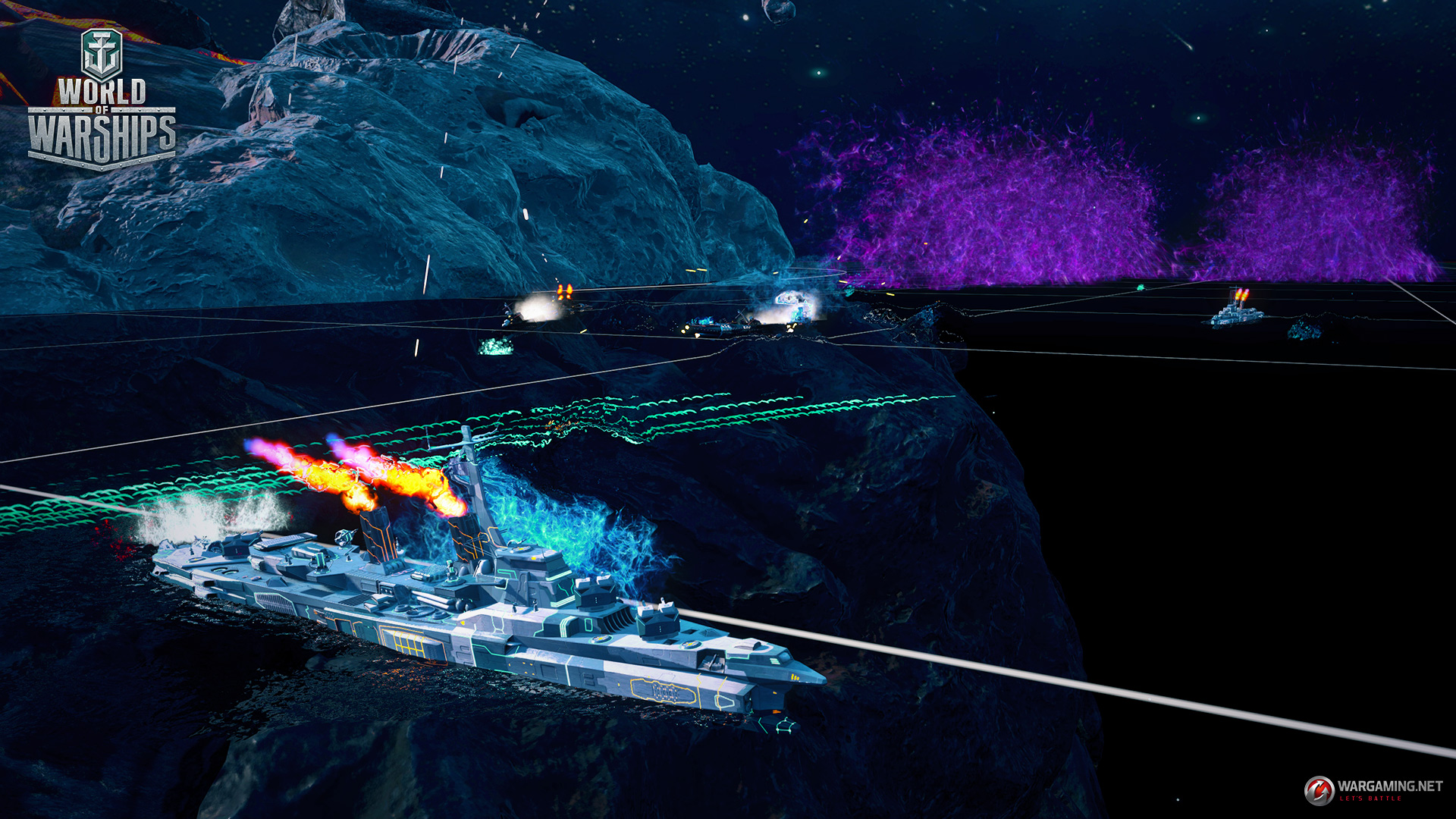 a spaceship in battle in Space Mode, World of Warships' new, limited-time mode