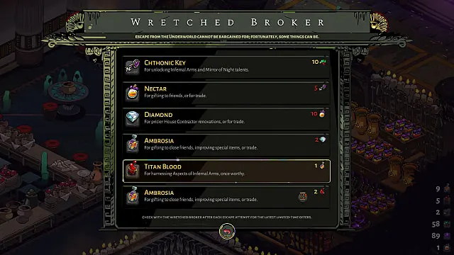 Wretched Broker shop screen, showing Titan Blood, Ambrosia, Nectar, and more.
