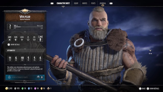 Wulfgar holding a warhammer in his character sheet menu in D&D: Dark Alliance