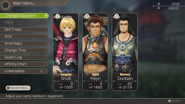 Xenoblade Chronicles Definitive Edition main menu with affinity chart option.
