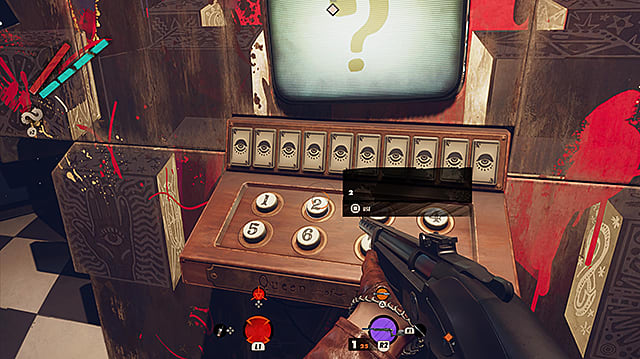 THe player character holding a shotgun looking at the Yervha terminal button.