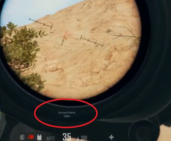 Zeroing Distance for a PUBG weapon circled in red